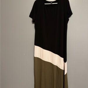 Elegant Asymmetrical Black, White, and Olive Dress